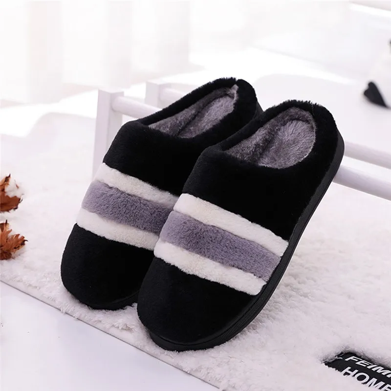 Женские и мужские теплые Нескользящие домашние тапочки в полоску из флока