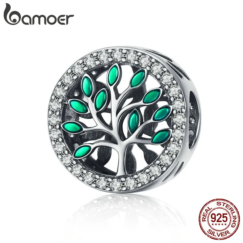 BAMOER Genuine 925 Sterling Silver Tree of Life Tree Leaves Clear CZ Beads fit Charms Bracelets DIY Jewelry Making SCC1095