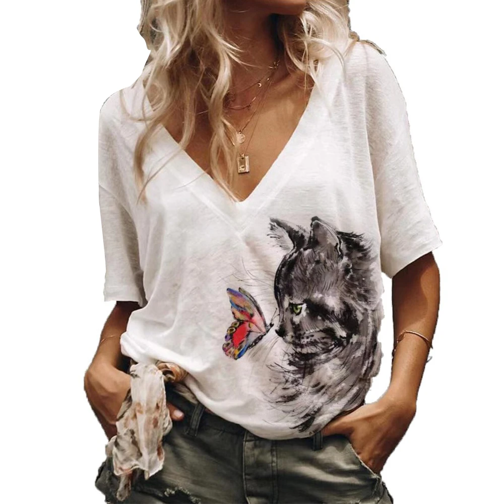 

T Shirt Women Fashion Cat Animal Butterfly Print Summer Tees Top V Neck Loose T Shirt Short Sleeve Casual Shirts Female