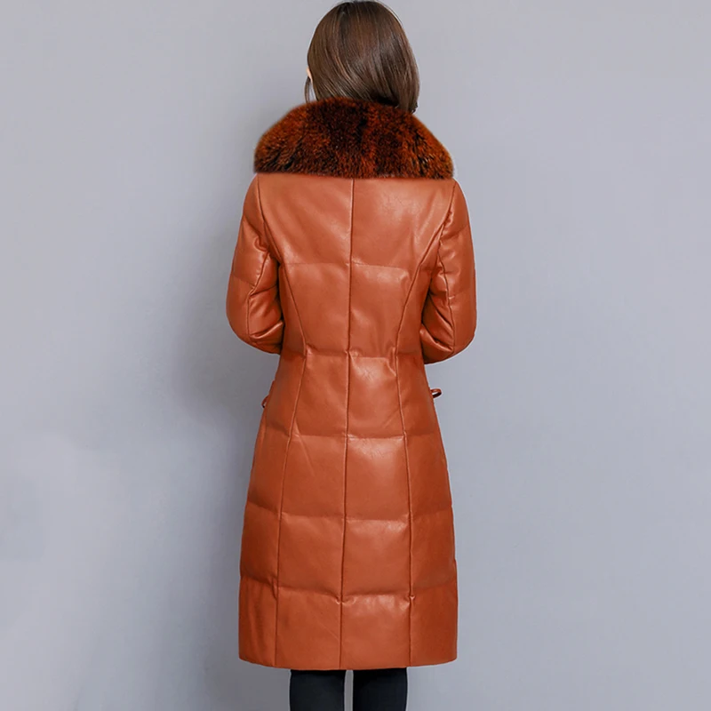 

Women Winter Thick Medium Long Faux Leather Jackets Female Slim Down Coats With Fur Collar Long Sleeve Casual Outerwear S-4XL
