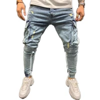 mens striped safari style brand black jeans skinny ripped destroyed stretch slim multi pocket pants with holes men jeans