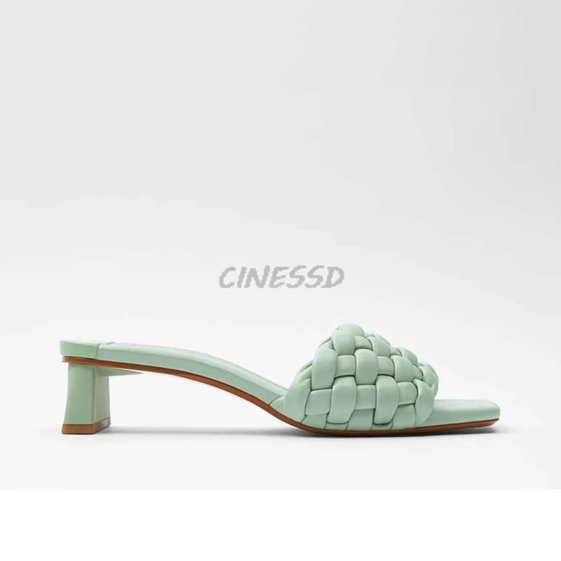 Женские летние плетеные шлепанцы без застежек на массивном каблуке с квадратным