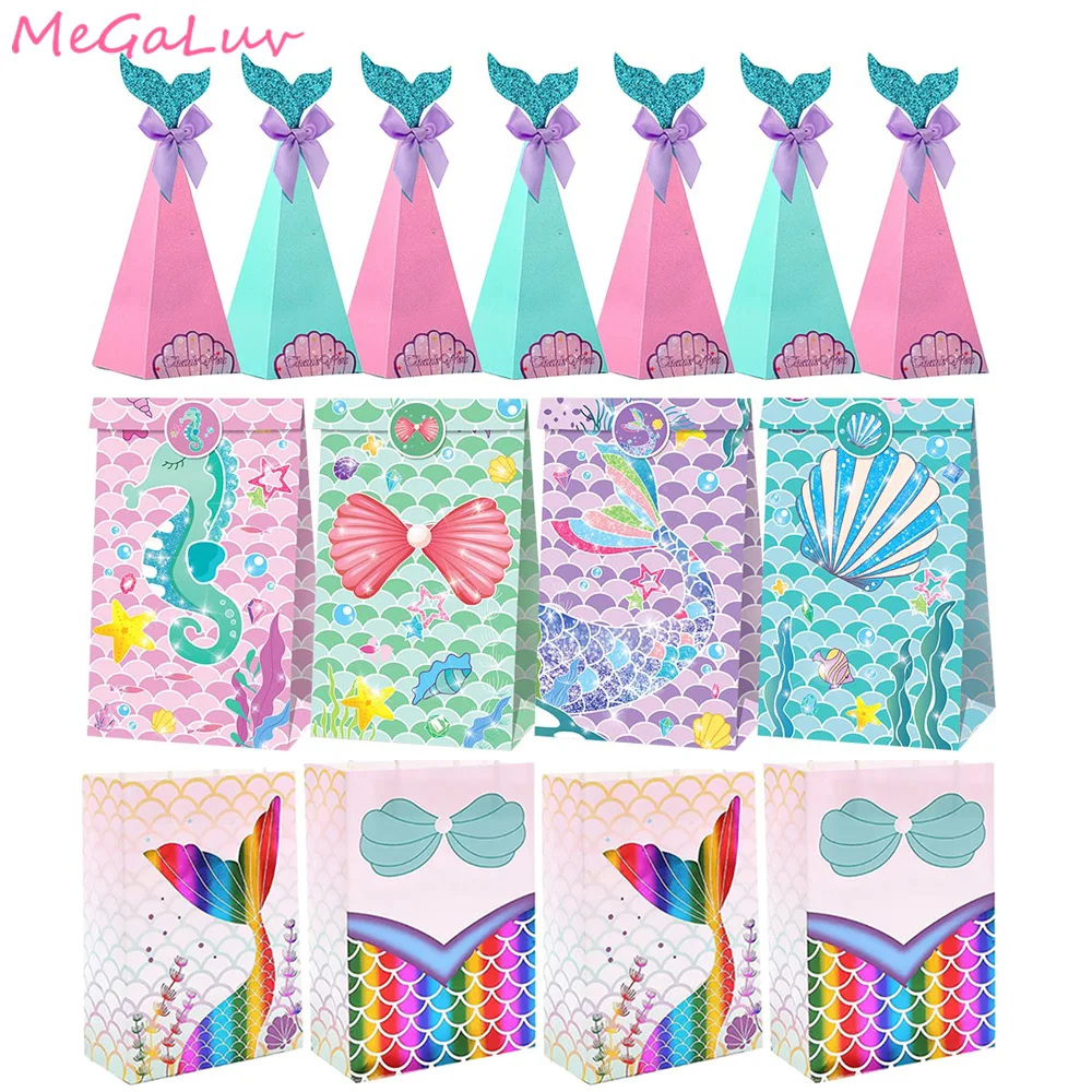 

Mermaid Birthday Party Gift Bags Popcorn Biscuits Cookies Packaging Paper Bags Mermaid Candy Boxes Kids Birthday Party Supplies