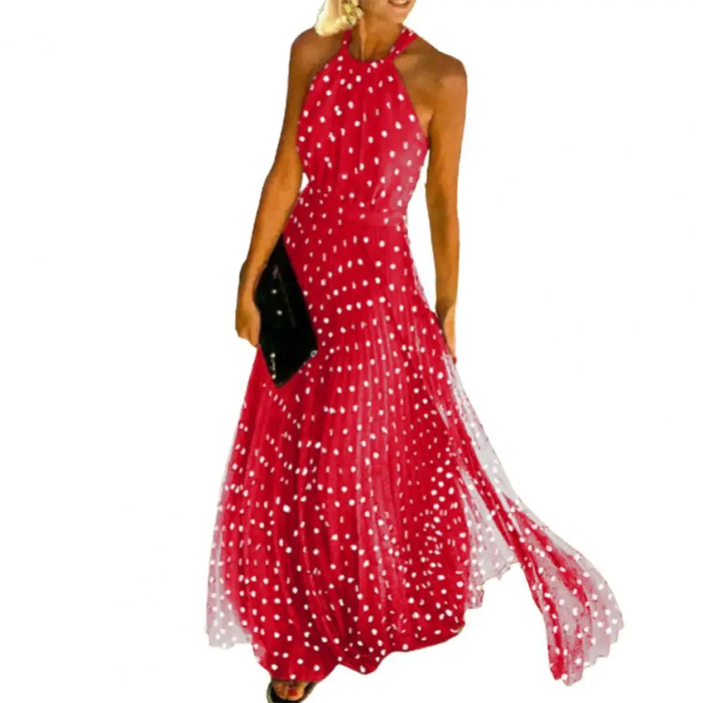 

Платье женское с лямкой на шее, пикантный Повседневный Сарафан с широким подолом, с лямкой на шее, с открытой спиной, в горошек, для банкета