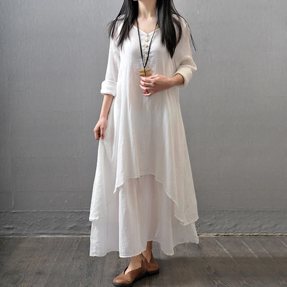

Spring New Fake Two-piece Long Dress Literary & Large Linen Dress Loose Long-sleeved Cotton Linen Dress Female Summer Wear