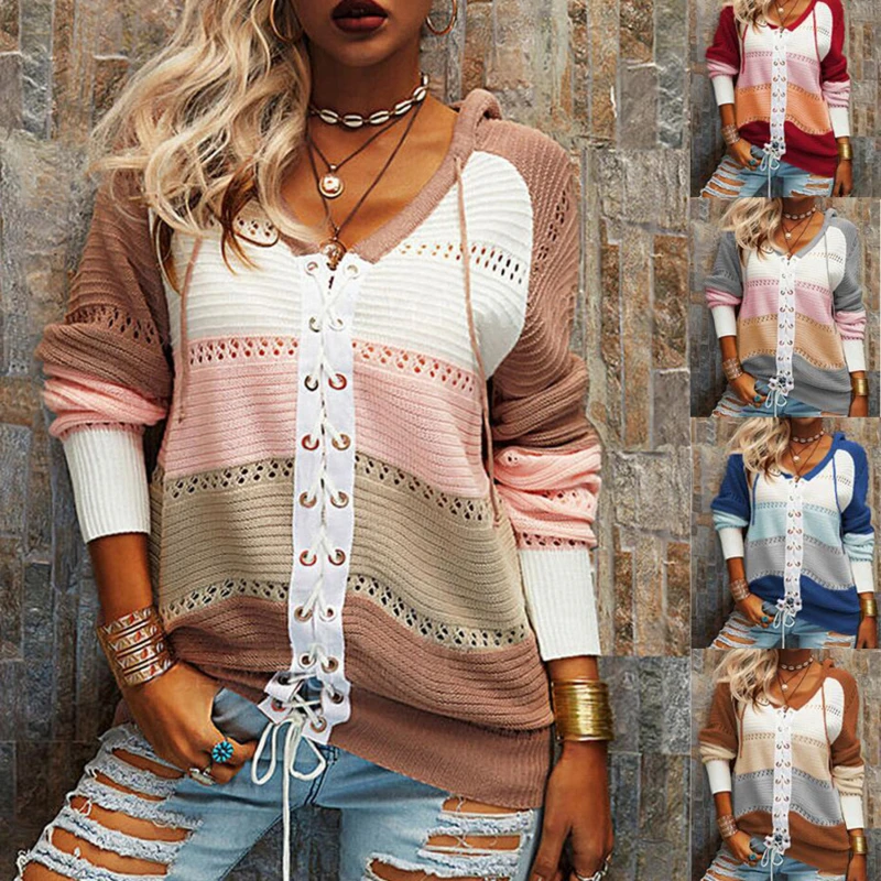 

Autumn Women Hoodie Sweatshirts 2021 Striped Hollow Long Sleeve Knitted Clothes Casual Drawstring Colour Stitched Tops Plus Size