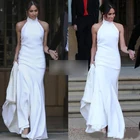 Белое свадебное платье с юбкой-годе 2020, наряды принца Гарри Меган Markle для свадебвечерние, мягкое атласное свадебное платье с лямкой на шее