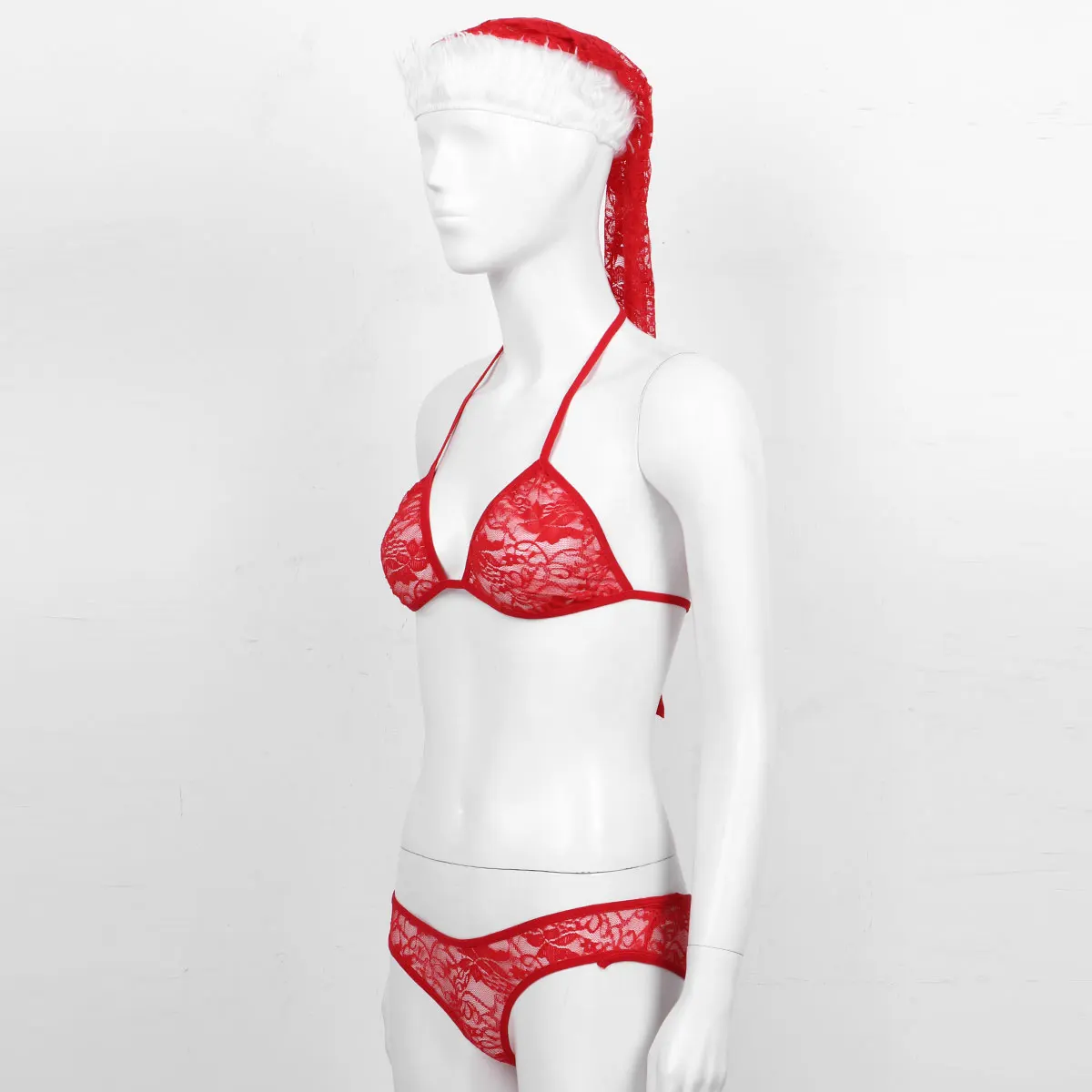 

Женские рождественские прозрачные костюмы, кружевное нижнее белье, комплект, одежда для сна, бюстгальтер на шнуровке без косточек, трусы с н...