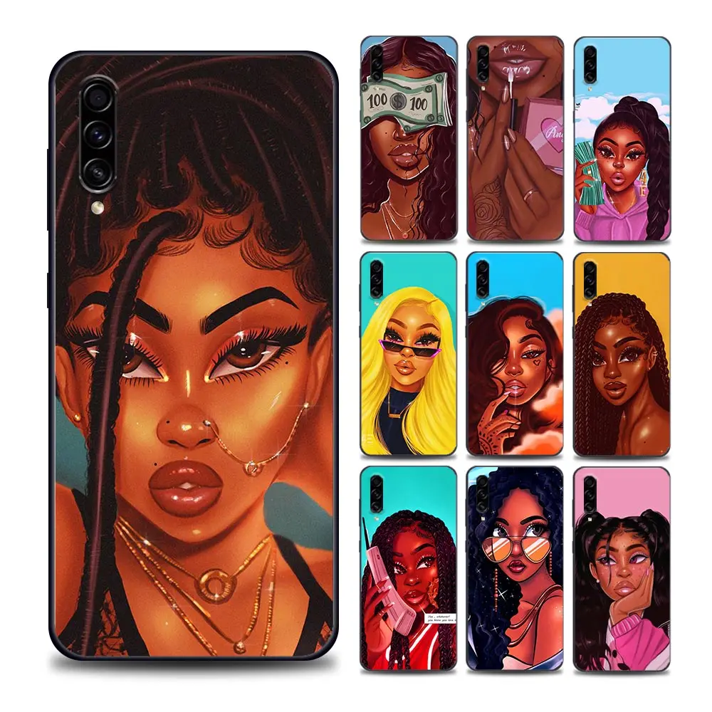 

Fashion Black Girl Black Phone Case for Samsung A7 A9 10 20 E S 30 S 40 50 S 60 70 S 80 90 5G Soft Silicone Cover