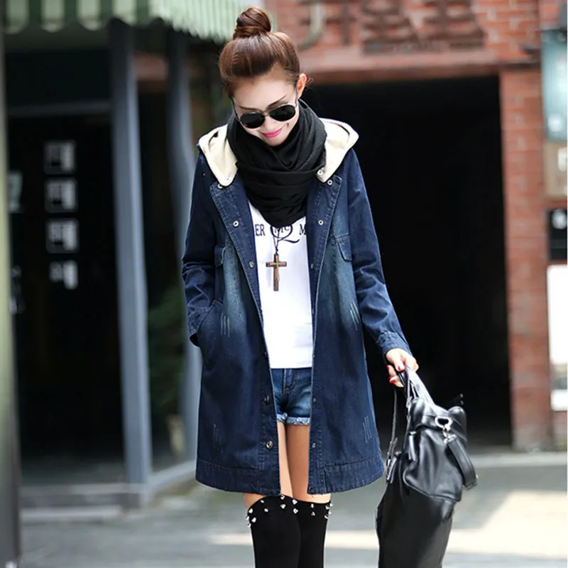 Женский джинсовый тренчкот Новинка весна-осень 2019 верхняя одежда с капюшоном