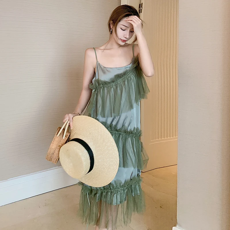 

Korejepo Women Spaghetti Strap Dress 2021 Summer New Holiday Style Green Mesh Stitching Suspender Dress Backless Long Dresses