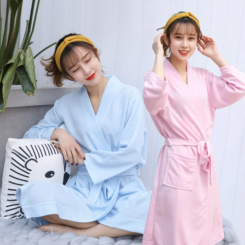 

Пара летний халат с длинными рукавами кимоно Халат вафельный трикотажный халат комплекты по колено халаты для Для женщин банный халат, одеж...
