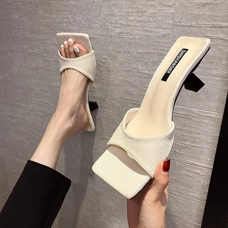 

ZAR 2021 Summer New Yellow Fashion Square Toe High Heels Sexy Outer Wear Stiletto Muller Sandals And Slippers Women Luxury Brand