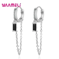 unisex woman man tassel earrings 925 sterling silver long chain white black crystal round loop ear pendientes punk jewellery