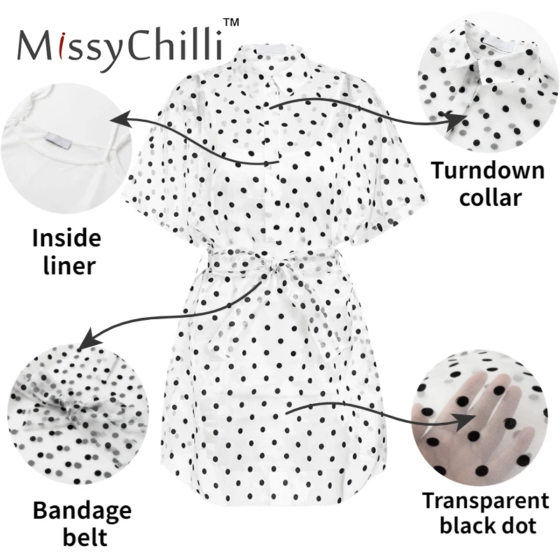 Женское платье рубашка в белый горошек MissyChilli офисное облегающее из органзы с