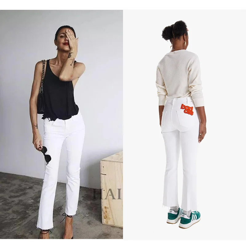

New 2021 Fashion Micro Flared Pants Elastic Force Show Thin Women Jeans Tassels Floing Lette Casual Versatile M8