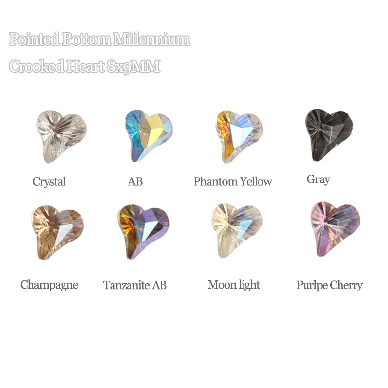 

8x9mm Crooked Heart Nail Art Rhinestone Crystal Glass Pointed Bottom Crystal Stones for Nail Art Decoration
