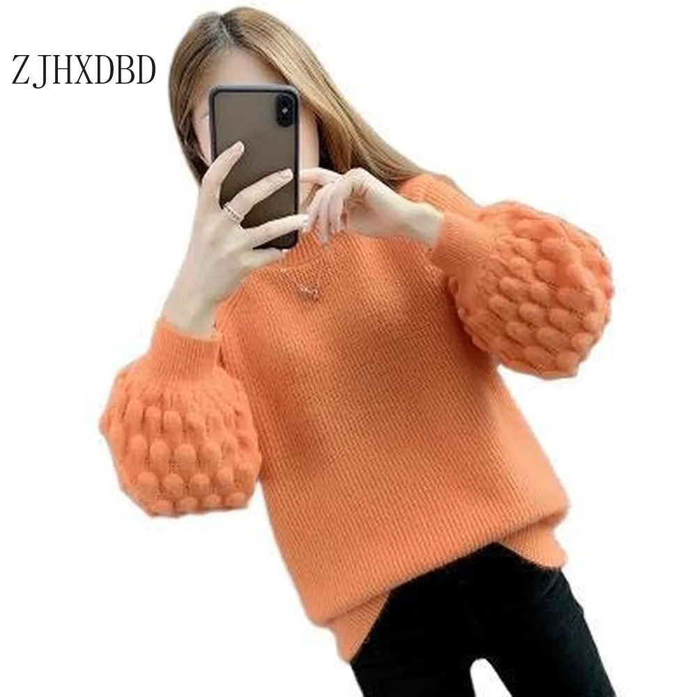 

O-neck Women Pullover Sweater Autumn Winter White Long Sleeve Sweater Female Pullover Knitted Lantern Sleeve Tops Loose Casual