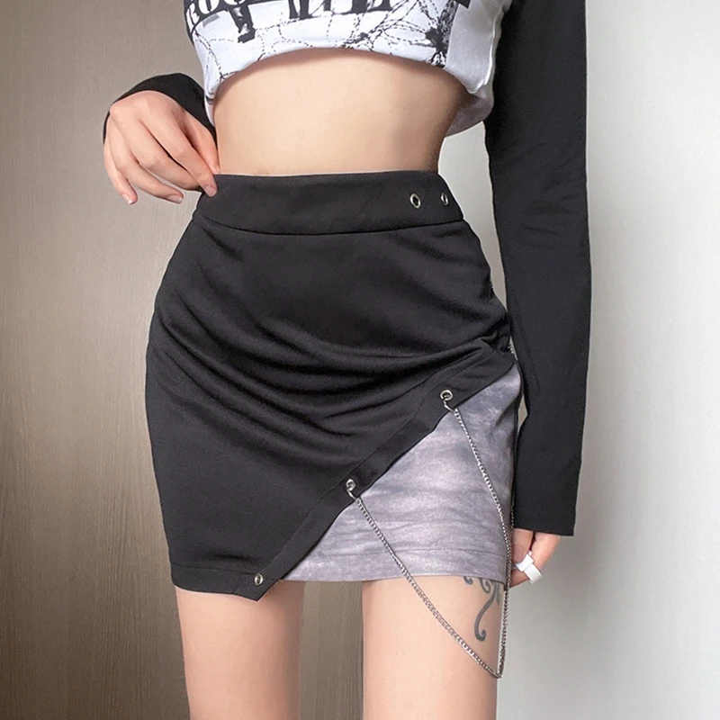 

Women Goth Punk Slim Mini Skirt Lady Girls Sexy High Waist Chain Short Skirt Female Casual Color Patchwork Sundress Clubwear