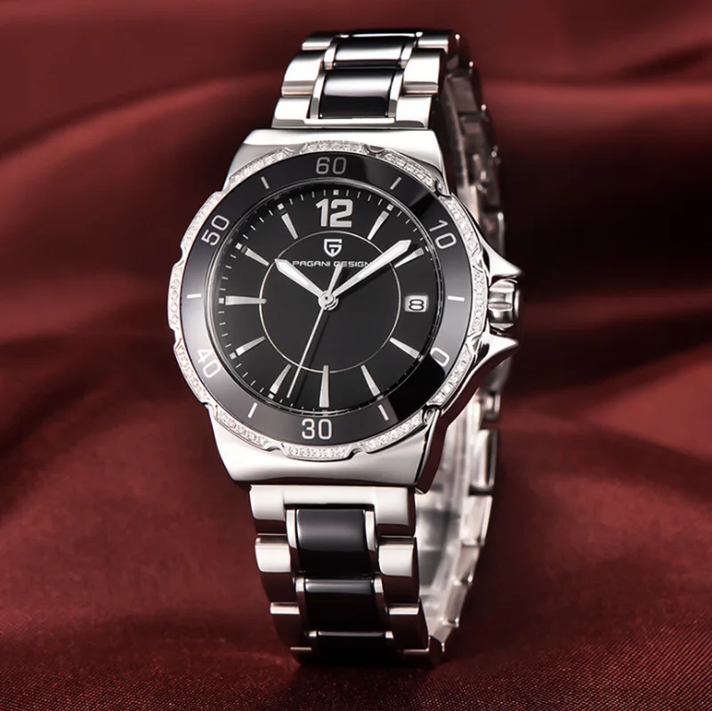 

Black Ceramic Lady Watches Brand Luxury Women Quartz Calendar Dress Watches Stainless Steel Case With Diamond Pagani A337