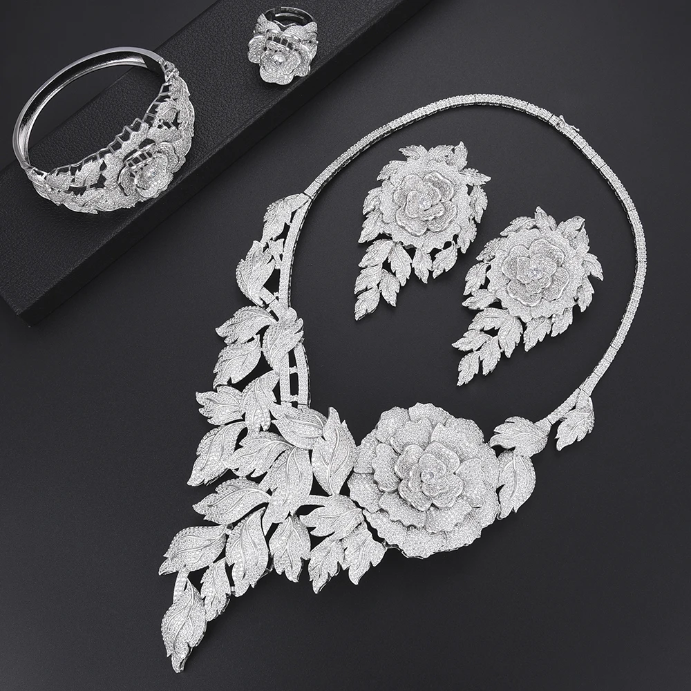 

KellyBola Trendy Luxury Valuable Peony AAA CZ Big Flowers Jewelry Set Necklace Bangle Earrings Ring For Women Stage Performance