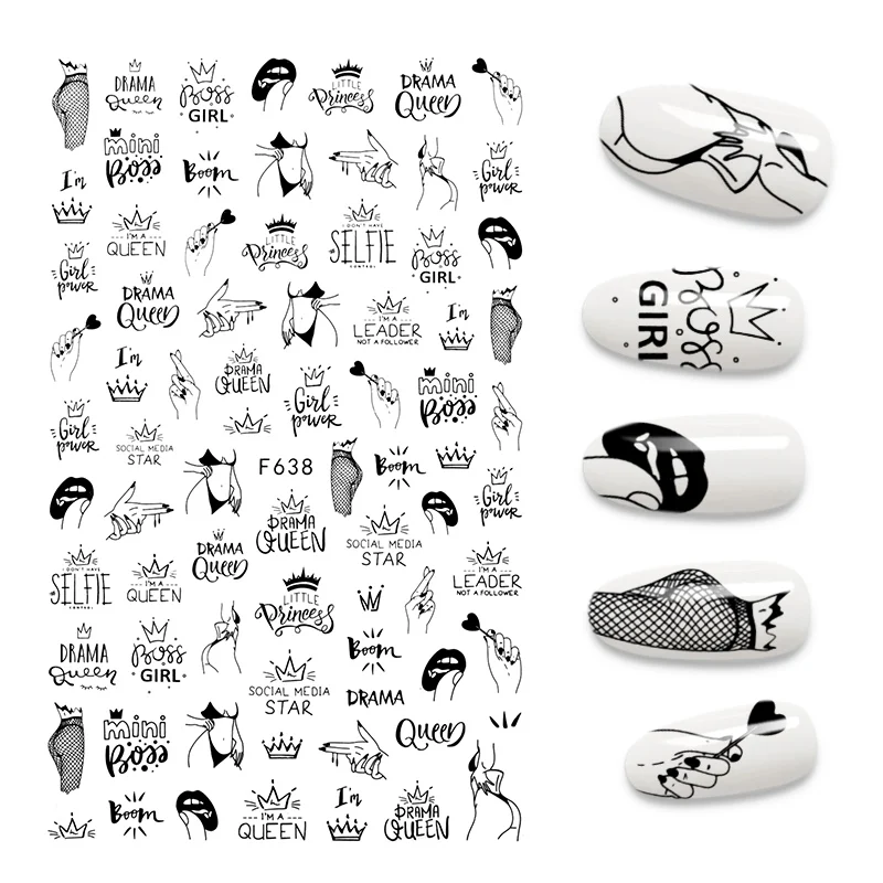 

1Pcs 3D Nail Sticker Self-adhesive Black Letters Valentine's Day Happy Smile Love Arrow Design For DIY Manicure Decorations