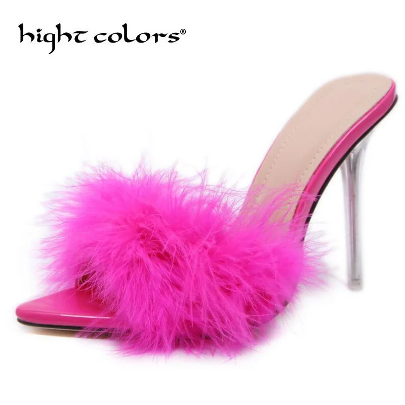 Summer Fashion Women Pumps Thin Heels Mules Shoes Faux Fur Pointed Toe Slippers For Black Pink White Size 41 | Обувь