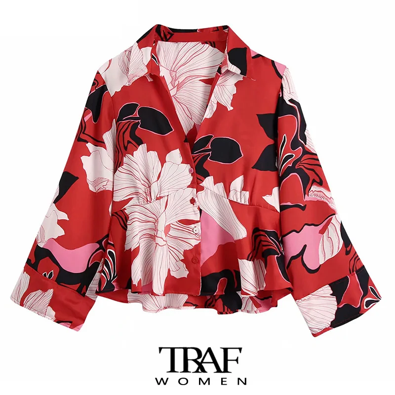 

TRAF Za Women Fashion Floral Print Blouses Vintage Three Quarter Sleeve Button-up Female Shirts Blusas Chic Tops