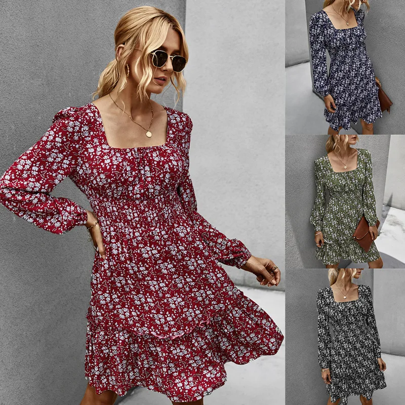 

Vintage Square Collar Long Sleeve Dress Casual Floral Printed A-Line Dress 2020 Autumn New Ladies Elegant Party Dresses Vestidos