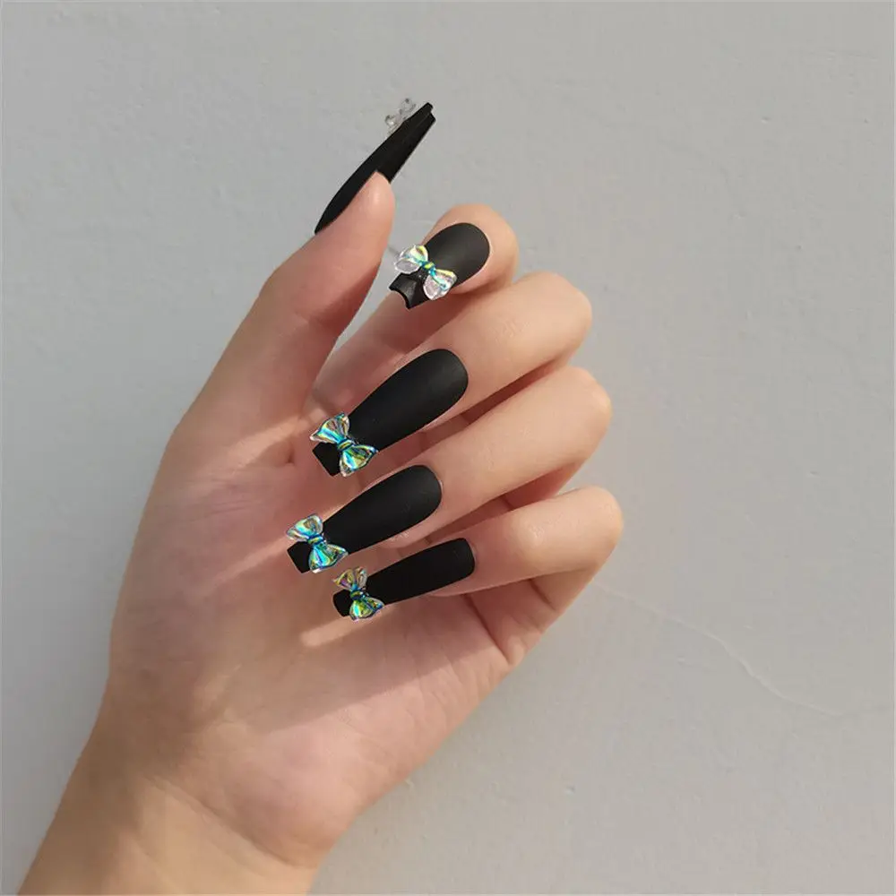 

24Pcs Fashion T-Shaped Black Coffin Nail Tip Ballerina Extra Long Bow False Nails Nail Art Beauty