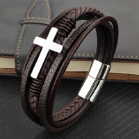 hot sale multi layer stainless steel genuine leather cross bracelet for mens magnetic clasp bangles office accessories jewelry