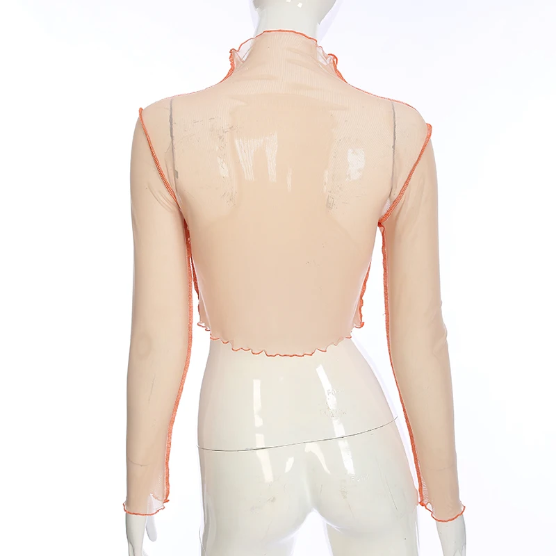 

JESSIC Mesh Crop Top Long Sleeve T Shirt Women Dragon Graphic Tees Sexy See Through Turtleneck Autumn Tshirt