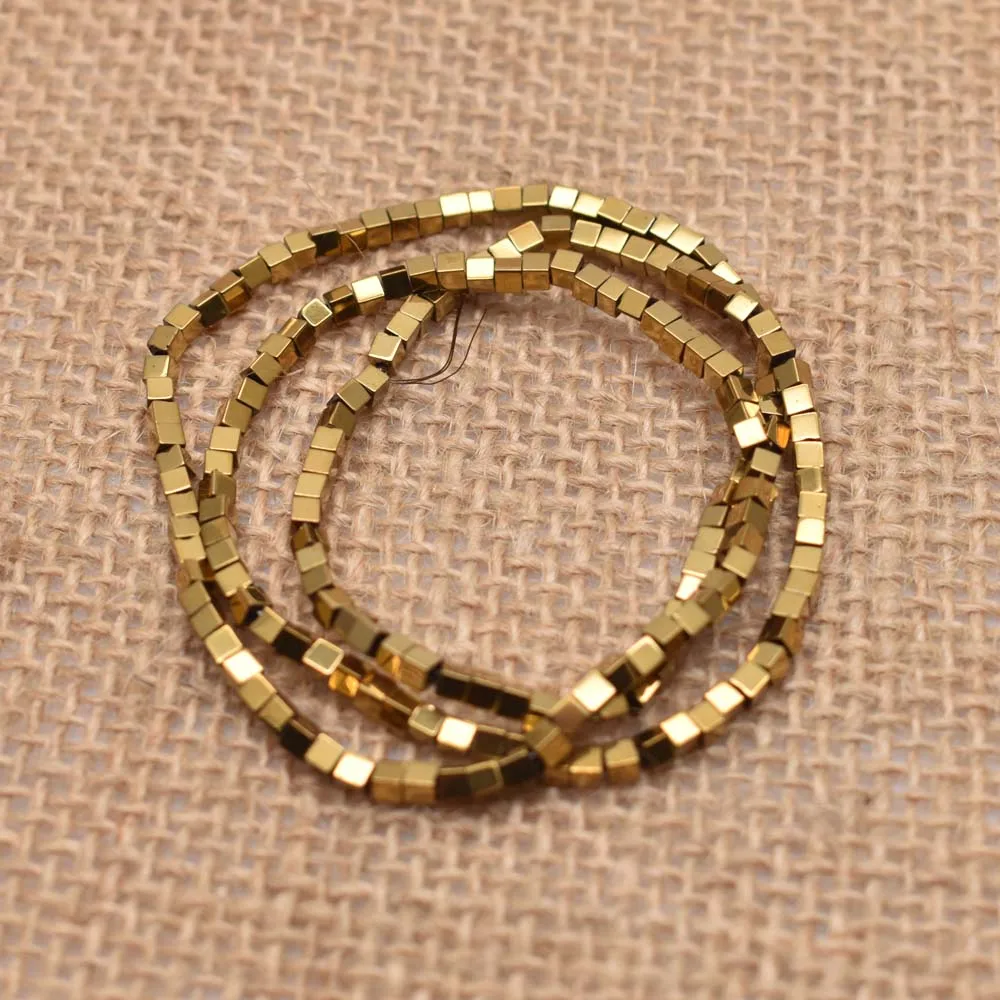 3-Gold 2/3/4mm Gold/Silver Color Plating Coated Natural Stone Hematite Cube Square Loose Spacer Beads For Diy Jewelry Marking 15" - Цвет: 3-Gold