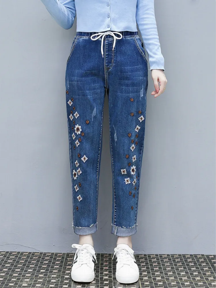

Plus Size Autumn Floral Embroidered Elastic Waist Harem Cropped Raw Hem Stretchy Denim Jeans for Women L XL XXL XXXL 4XL