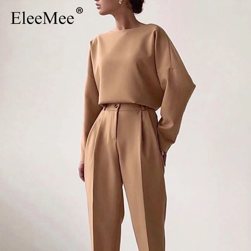 

EleeMee Women Two Piece Suit Long Sleeve O-Neck Solid Color Casual Sets Fashion Concise Cropped Trousers And Blouses Size S-L