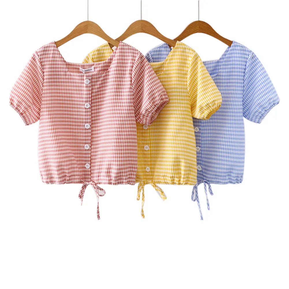 

Women Plaid Short Sleeve Shirt Fashion Summer Button Shirt for Work School Casual Wear
