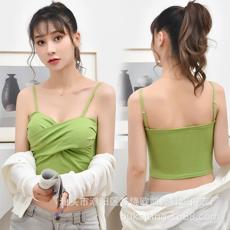 

2021 Hyuna style sexy small sling coffee color camisole female ins outer wear net red inner belt chest pad top M668
