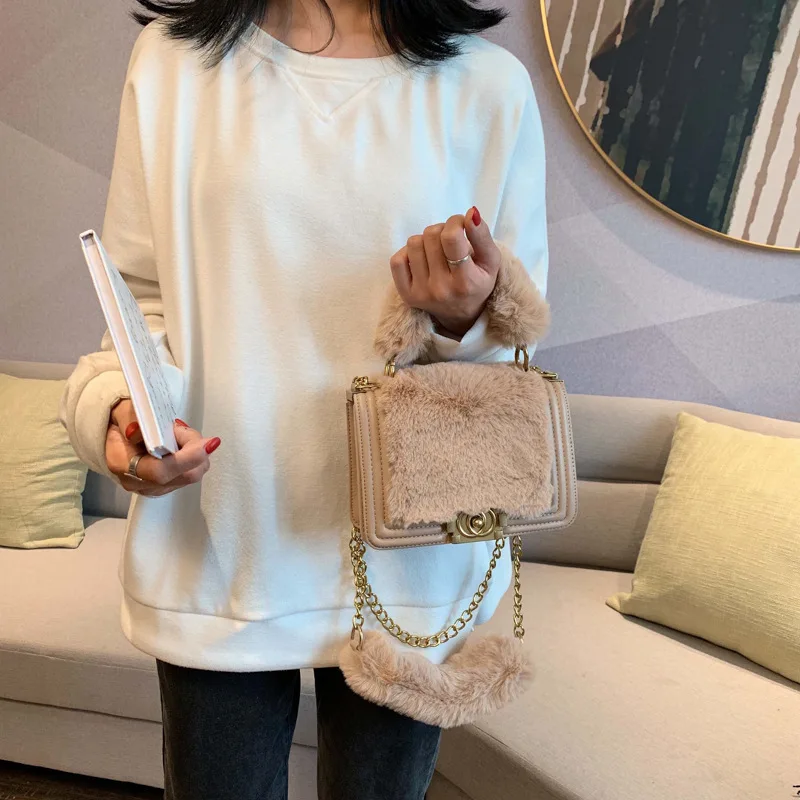 

Plush Bag Women's Bag 2020 Fashion Plush Small Square Bag Chain Shoulder Bag Wild Texture Messenger Bag luxury brand handbags