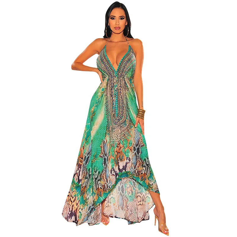 

2021 Summer New Women's Backless Retro V-neck Dress Printed Strap Dress