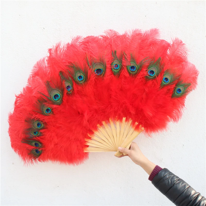 

Hot Sale 15 Bones Beautiful Red Ostrich Feather Fan Carnival Dancers Diy for Accessories Feathers Plumes