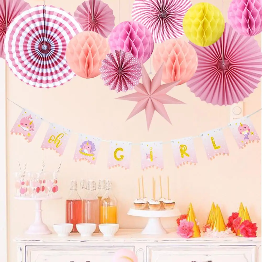 Baby Girl Shower Decorations Glitter Narwhal Gold Oh Banner Paper Fans Balls Star Lantern First Birthday Party | Дом и сад