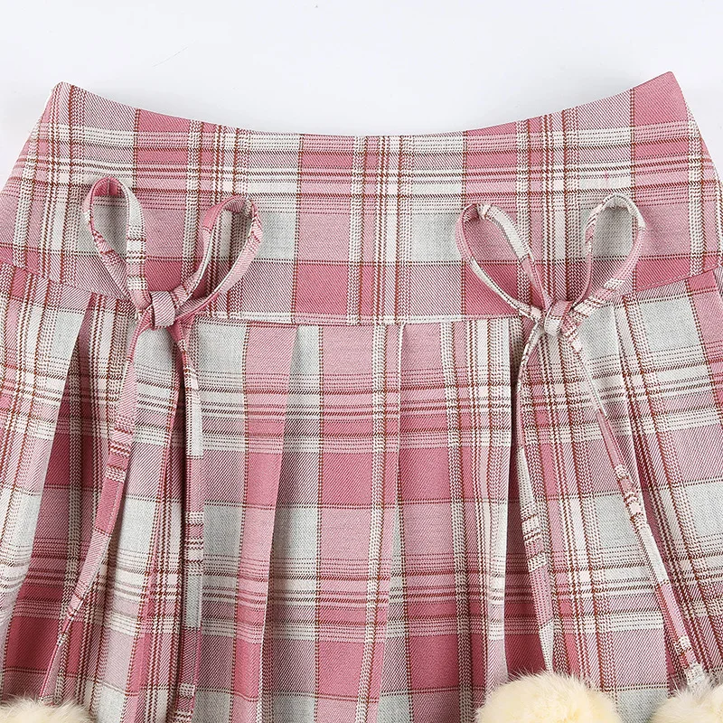 

Hot Fashion Women Casual High Waist Skirt Female Pink Plaid Printed Pattern Short Dress S/ M/ L