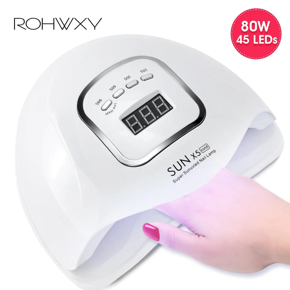 УФ лампа для ногтей ROHWXY сушки гель лака Сушилка светодиодный ЖК дисплей 80 Вт/48