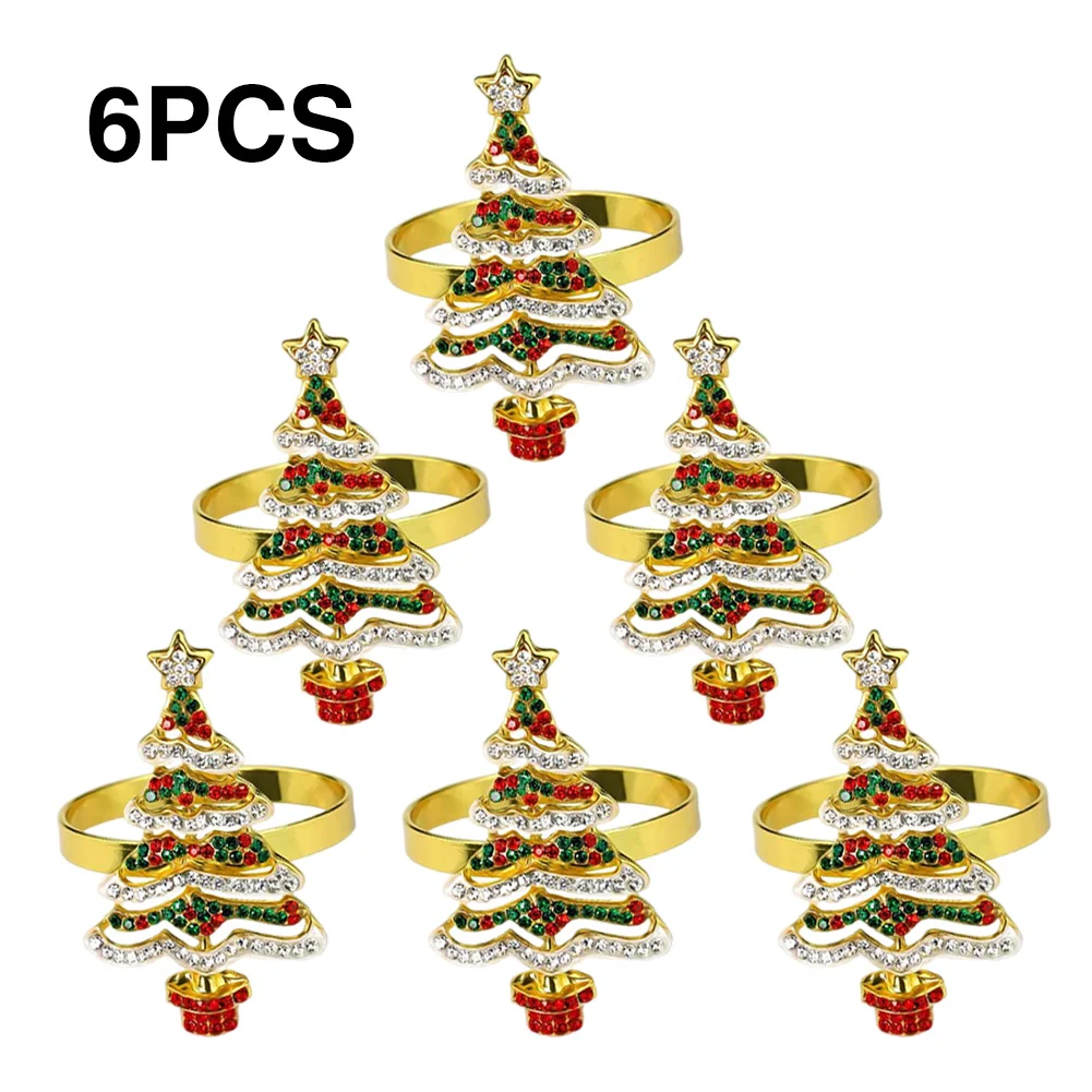 

6PCS Christmas Napkin Rings Set Metal Rhinestones Xmas Tree Napkin Holders For Party Decor Wedding Banquet Hotel Table Sup Decor