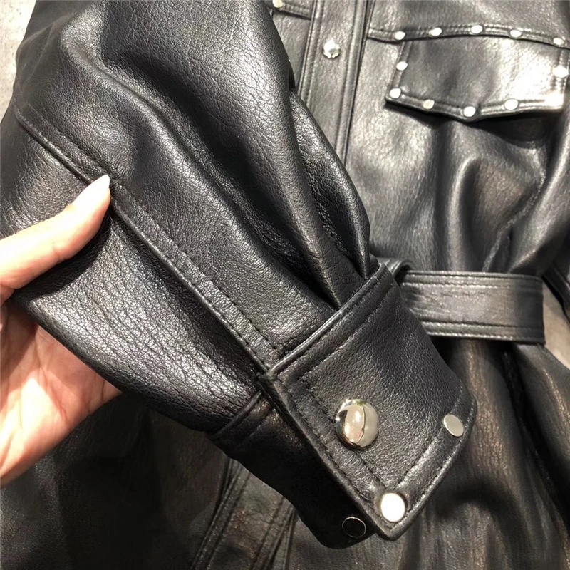 

MAOMAOFUR Real Leather Shirt Women Jacket 2020 Genuine Sheepskin Rivet Belt Leather Shirt Female Jackets Slim Windbreaker