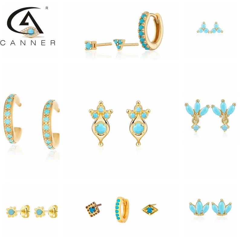

CANNER Mini Turquoise Piercing Earrings For Women Luxury Sterling Real 925 Silver Stud Ear Ring Charm Women's Jewelry Pendientes