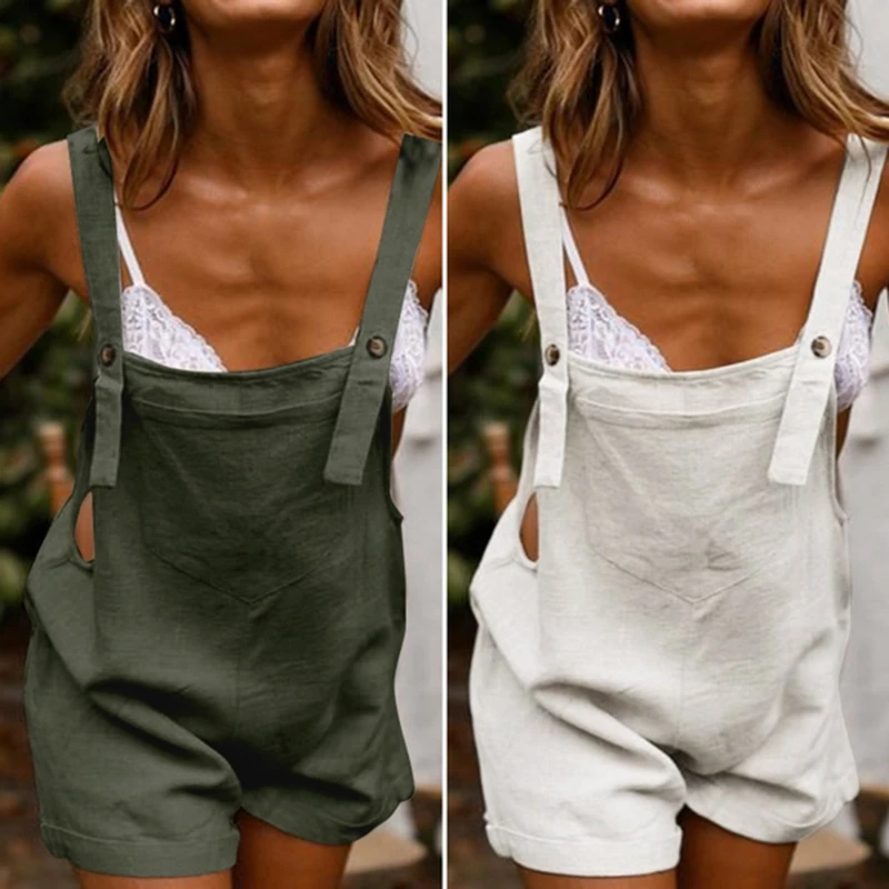

Women Summer Jumpsuits Linen Overalls Casual Suspender Rompers Female Solid Button Pants