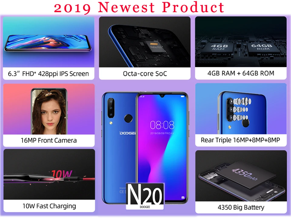 DOOGEE N10 Android 8,14G LTE мобильный телефон 5,84 дюймов Восьмиядерный 3 ГБ ОЗУ 32 Гб ПЗУ FHD 19:9 дисплей 16,0 Мп фронтальная камера 3360 мАч