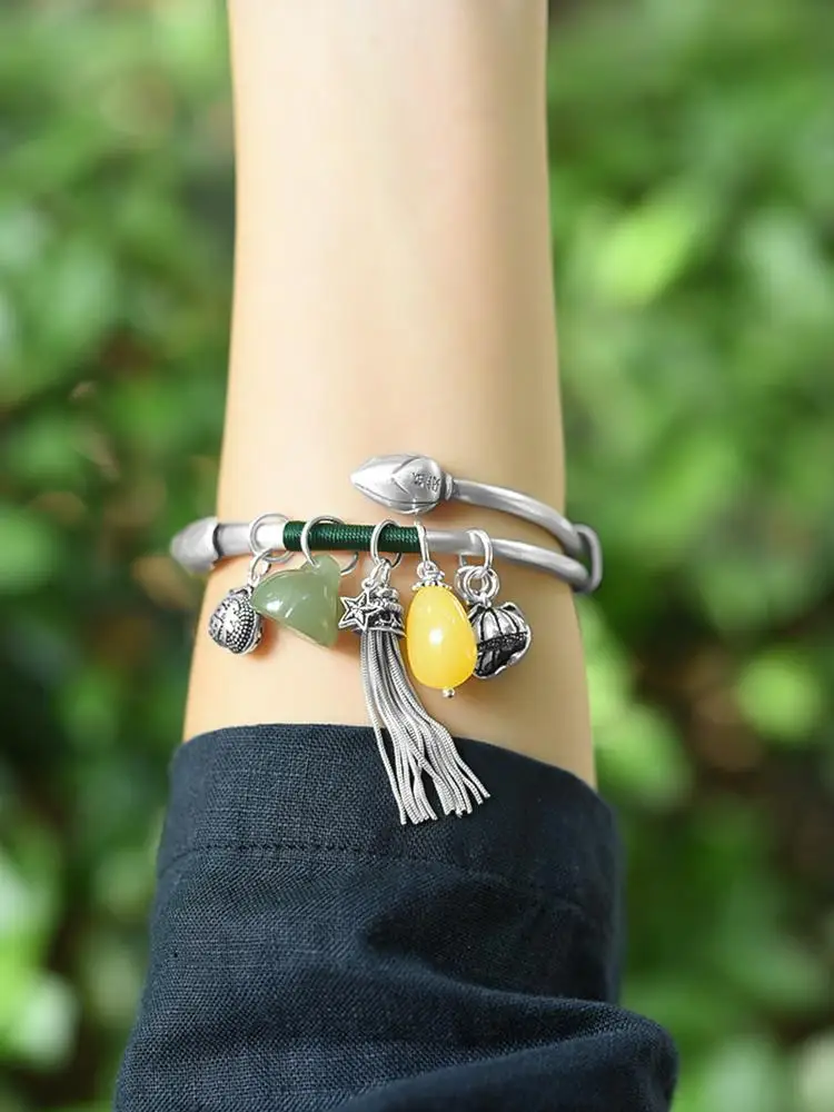 

Female silver ethnic style personality retro tassel carp lotus beeswax solid handmade ancient silver