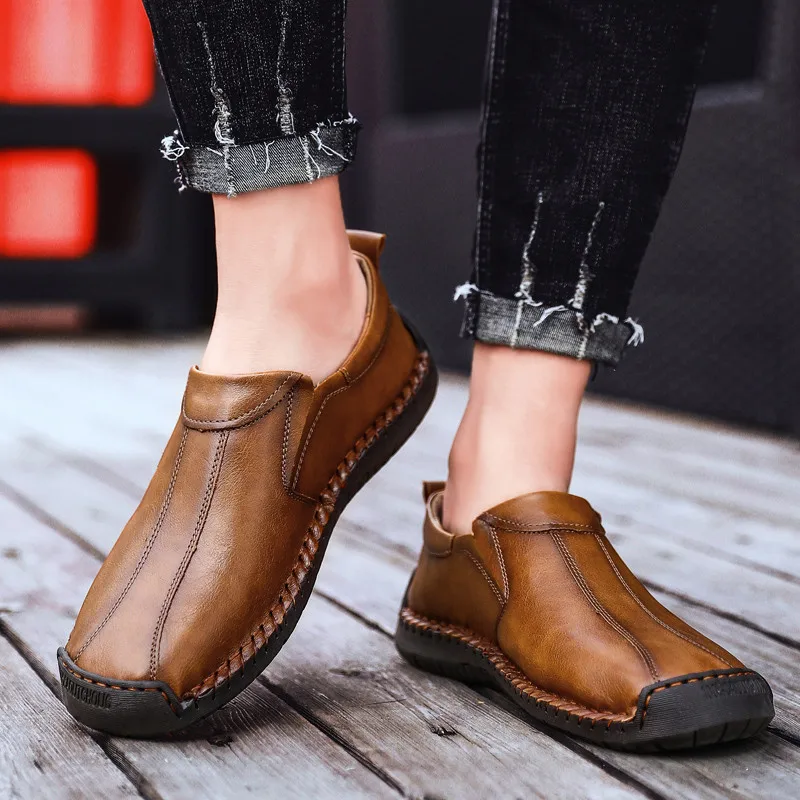 Men Casual Shoes Handmade sewing genuine Leather Loafers Outdoor Men's Quality lace up Flat Moccasins Sneakers | Обувь